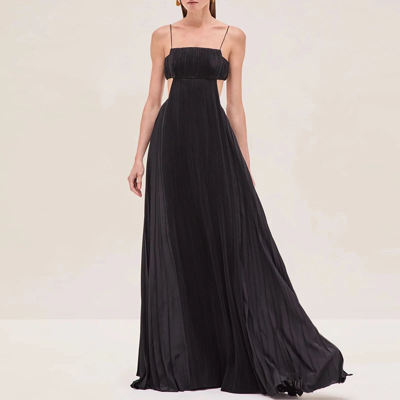 فستان سيدة مثير بدون ظهر متأرجح سادة أنيق بدون أكمام فستان طويل مجوف موضة بدون أكتاف عالي الخصر مطوي فستان سهرة