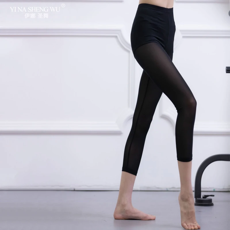 Mulheres Ballet Calças Cortadas, Leggings Stretch, Malha Preta, Calça Rabanete, Ioga, Prática de Ballet, Adulto