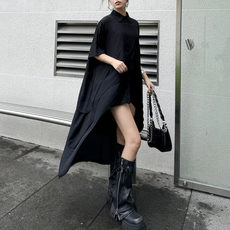 HKSH Spring Summer New Women Dress Irregular Hem Short Sleeves Single Breasted Casual Dark Elegant Ins Oversized Dresses HK16641