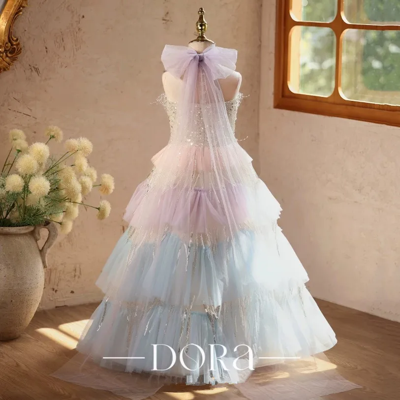 Kinder Regenbogen-Pailletten Mehrlagiges Tüll-Langes Kleid Mädchen Festkleid Geburtstagsparty Blumenmädchenkleid A5091 Vestido de Festa Infantil – Detail 6
