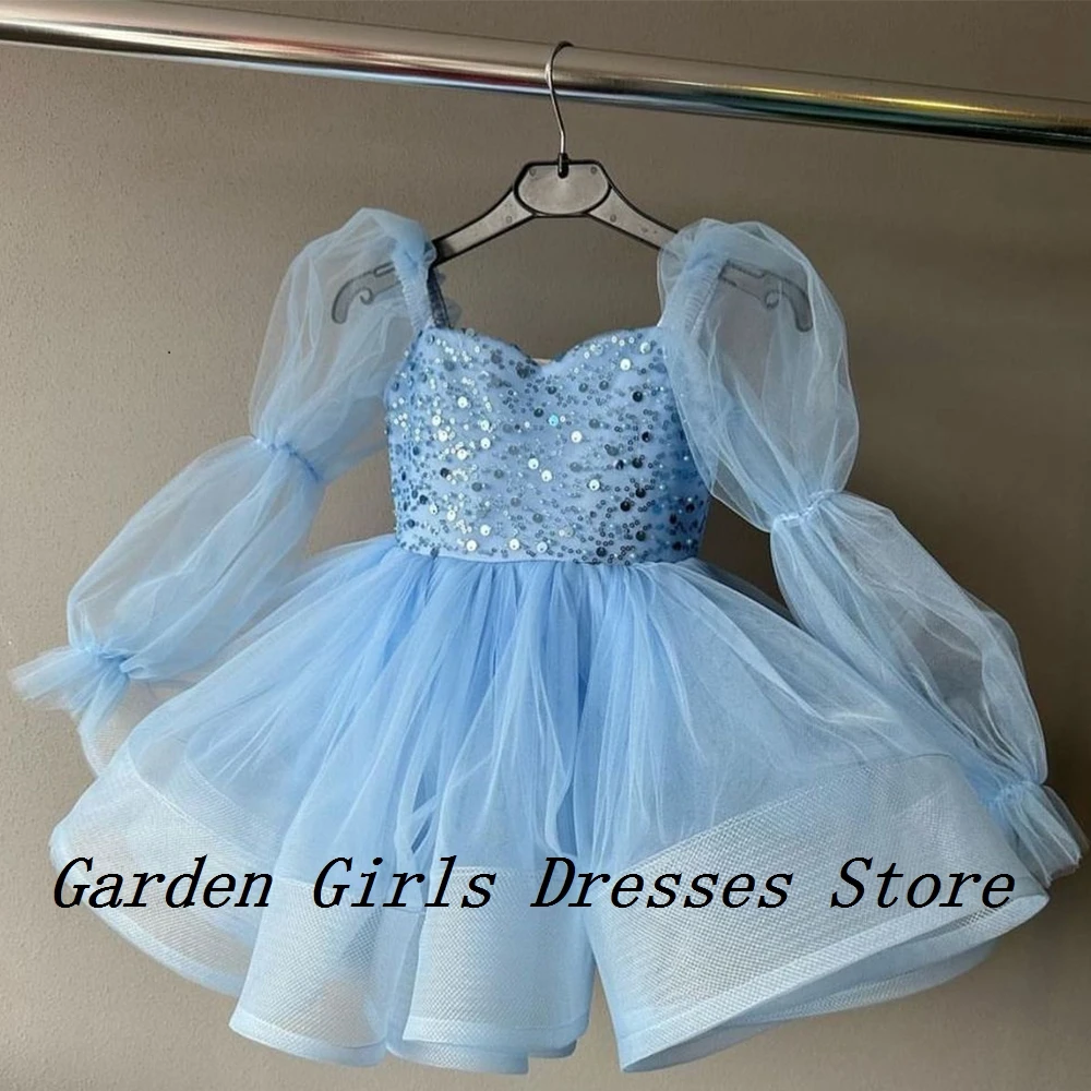 

Sky Blue Flower Girls Dresses with Sequined 2024 Summer Full Sleeve Christmas Dresses for Princess Soft Tulle فستان عيد الميلاد