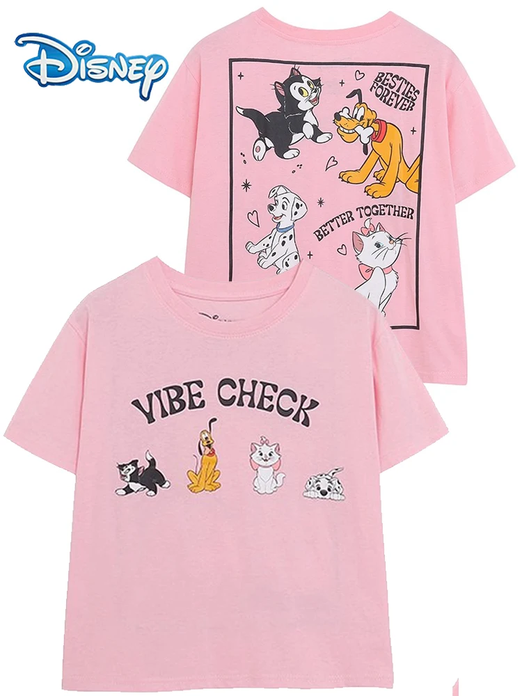 

Розовая футболка Disney Front Back Marie Cat 101, далматинец, буквенный мультяшный принт, повседневная женская футболка с коротким рукавом и круглым вырезом, пуловер, футболки