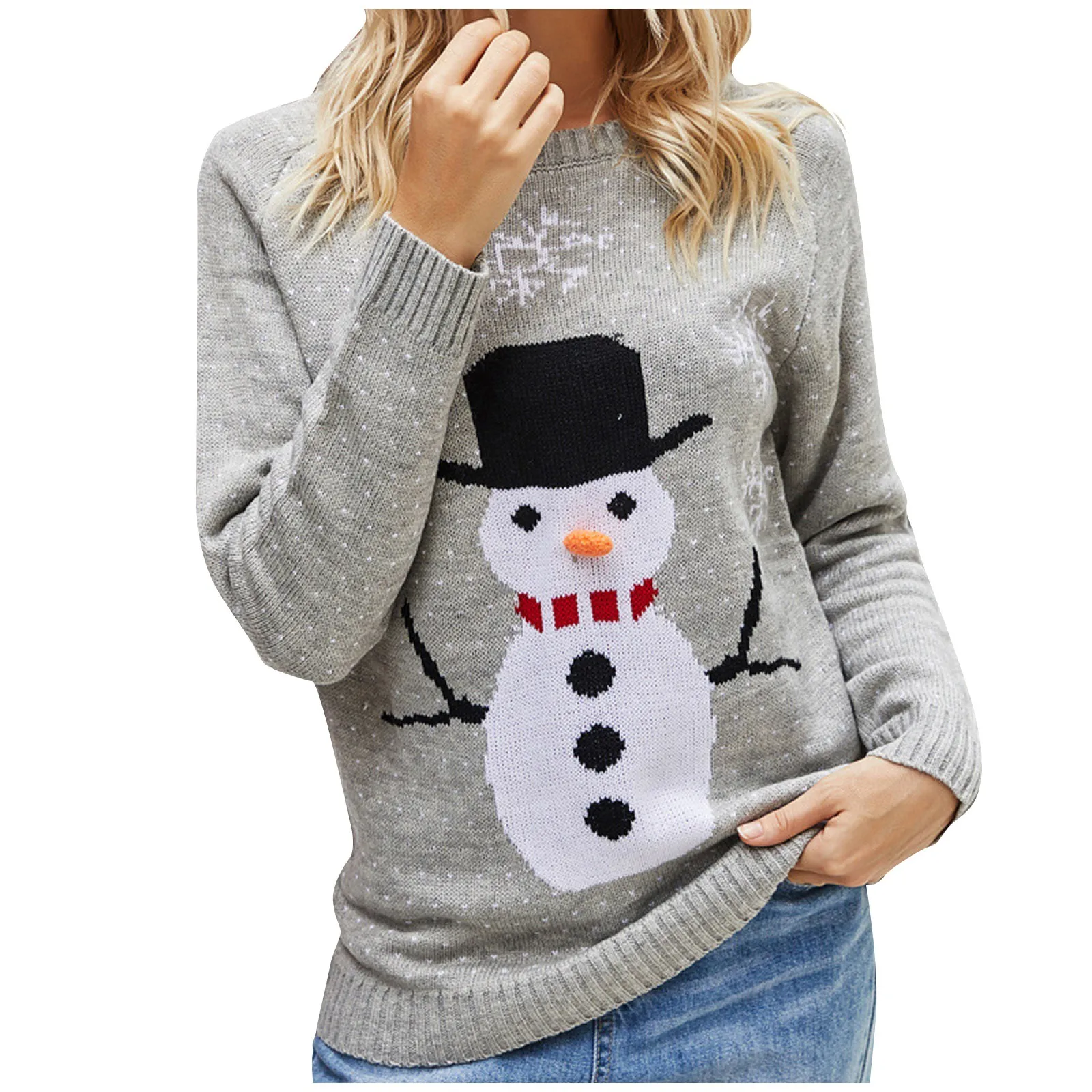 Christmas Women\'s Snowman Pattern Sweater Ugly Xmas Round Neck Long Sleeve Knit Pullover Cardigan Oversize Color Block Knitwear