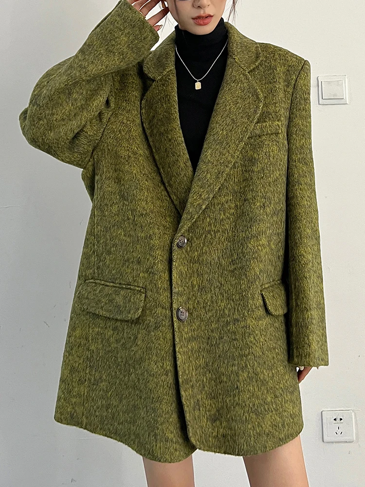 YERMORA Green Button Vintage Wool Blazer For Women Lapel Long Sleeve Loose New Thick Jacket Fashion Tide Autumn Winter 2025