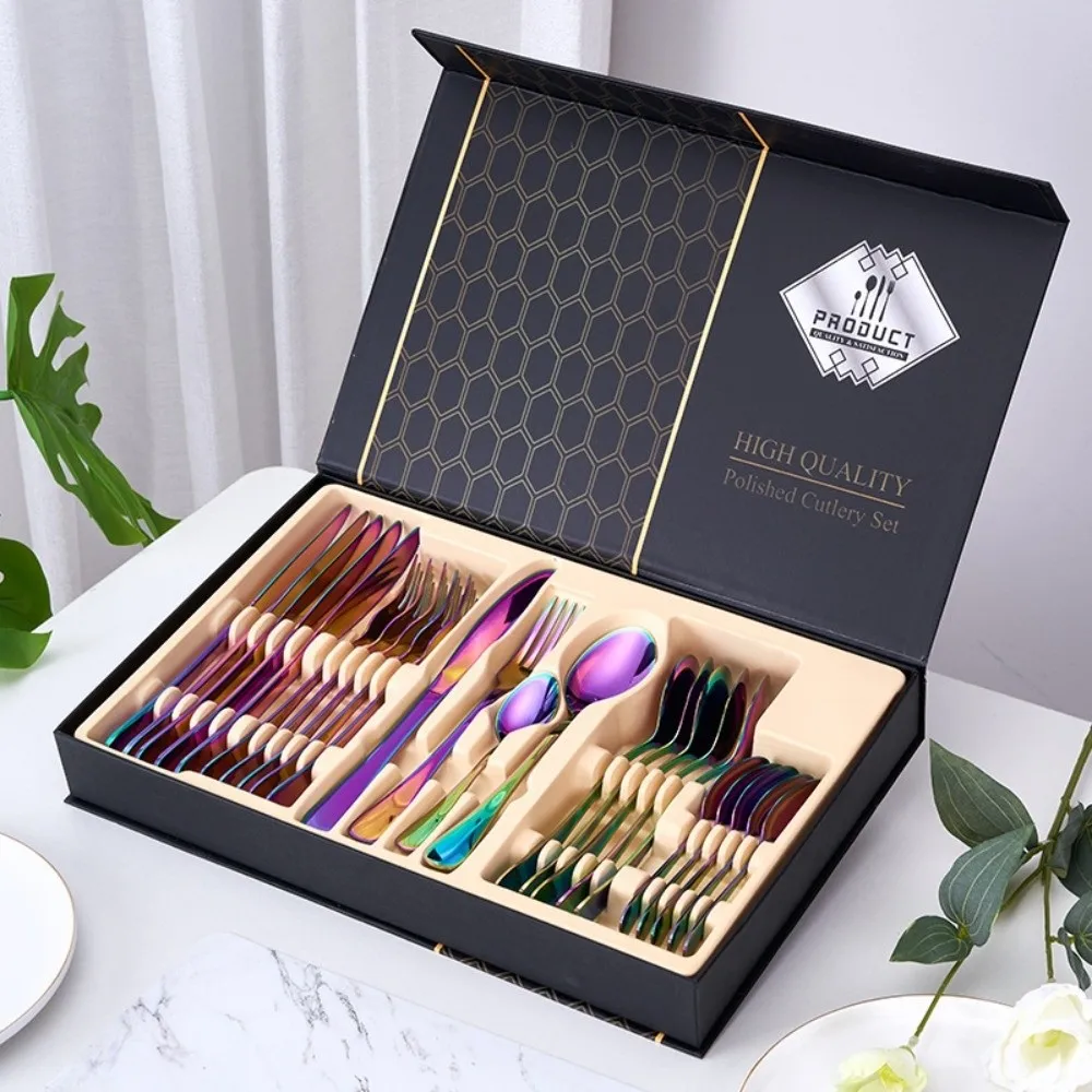 

24 Pcs Food Grade Cutlery Set with Box Light Luxury Minimalist Dinner Spoon Fork Set Decor Portable Stainless Steel Tableware