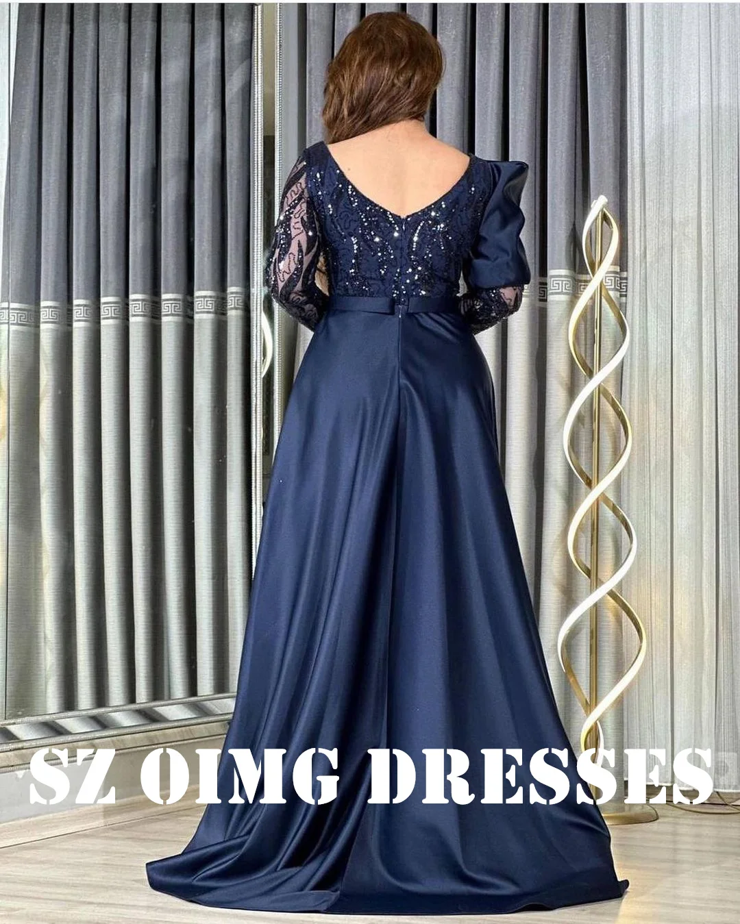 OIMG New Design V-Neck Sequined Mermaid Prom Dresses Saudi Arabic Women Customized Blue Gowns Formal Party Dress Customized