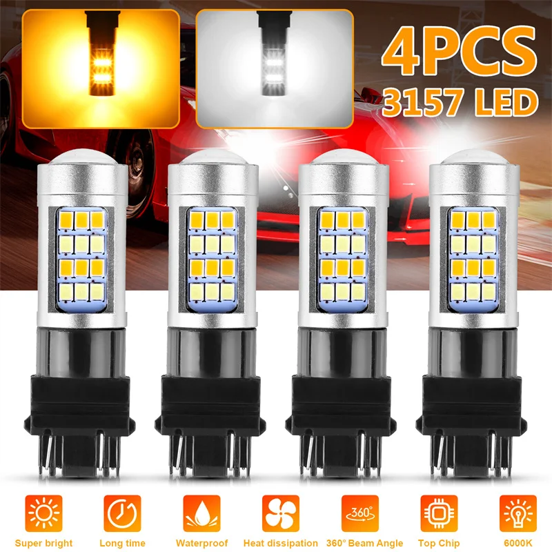 

4Pcs Error Free White/Amber 3157 LED DRL Switchback Turn Signal Parking Light Bulb