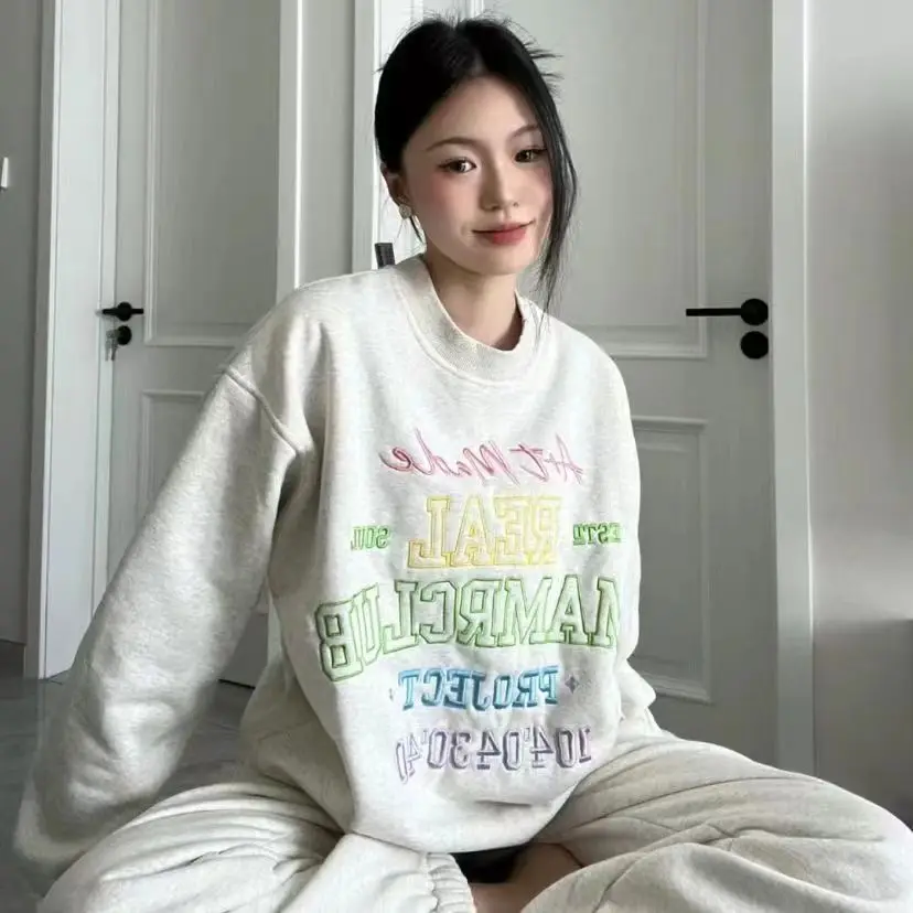 

Корейский стиль: женский спортивный костюм с длинным рукавом, свитшот с круглым вырезом, брюки, повседневный свободный комплект из двух предметов для бега