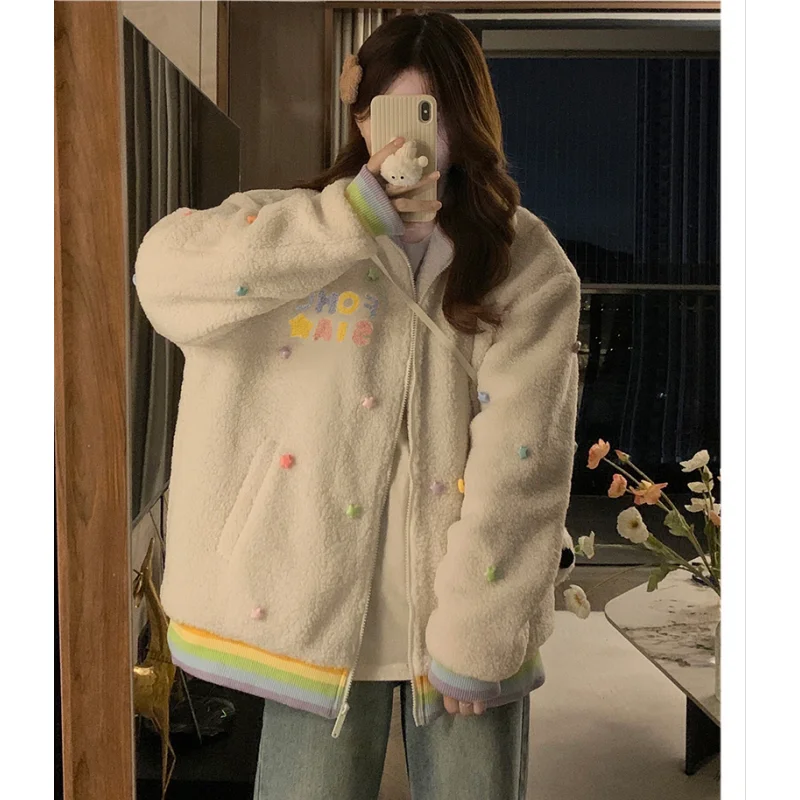 White Women Clothing Outerwear Top Lambhair Jackets Fashion Streetwear Y2K Style High Street American 2023 Winter Female Coat