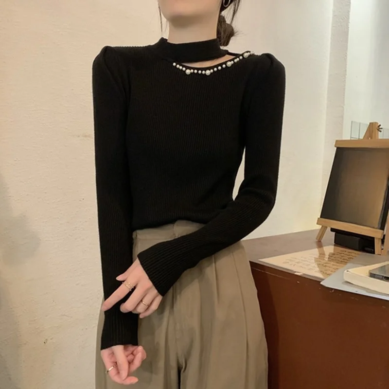 여성용 티엔드 f-하이 칼라 니트 베이스 셔츠 봄 가을 홀로우 아웃 디자인 슬림 핏 한국 스타일 출퇴근용