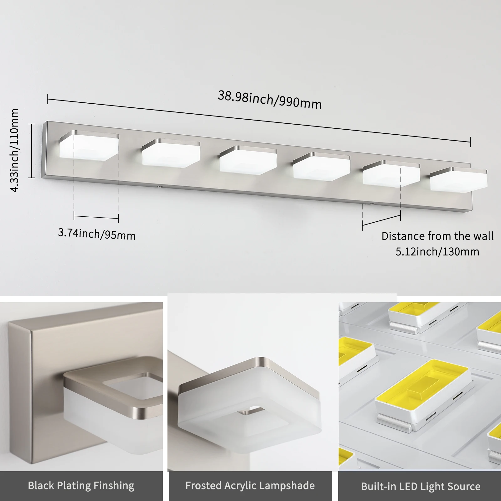 Perlengkapan Kamar Mandi Peredupan LED 6 Lampu 38,98 Inci-5500K 36W Berkabel Keras untuk Ruang Ganti