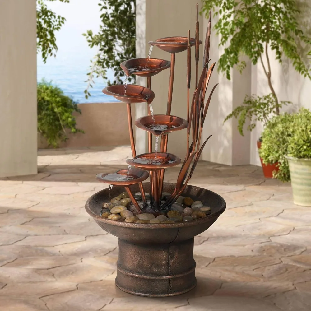 

Water Lilies and Cat Tails Modern Outdoor Floor Water Fountain 33" High Tiered Cascading Decor for Garden Patio Backyard