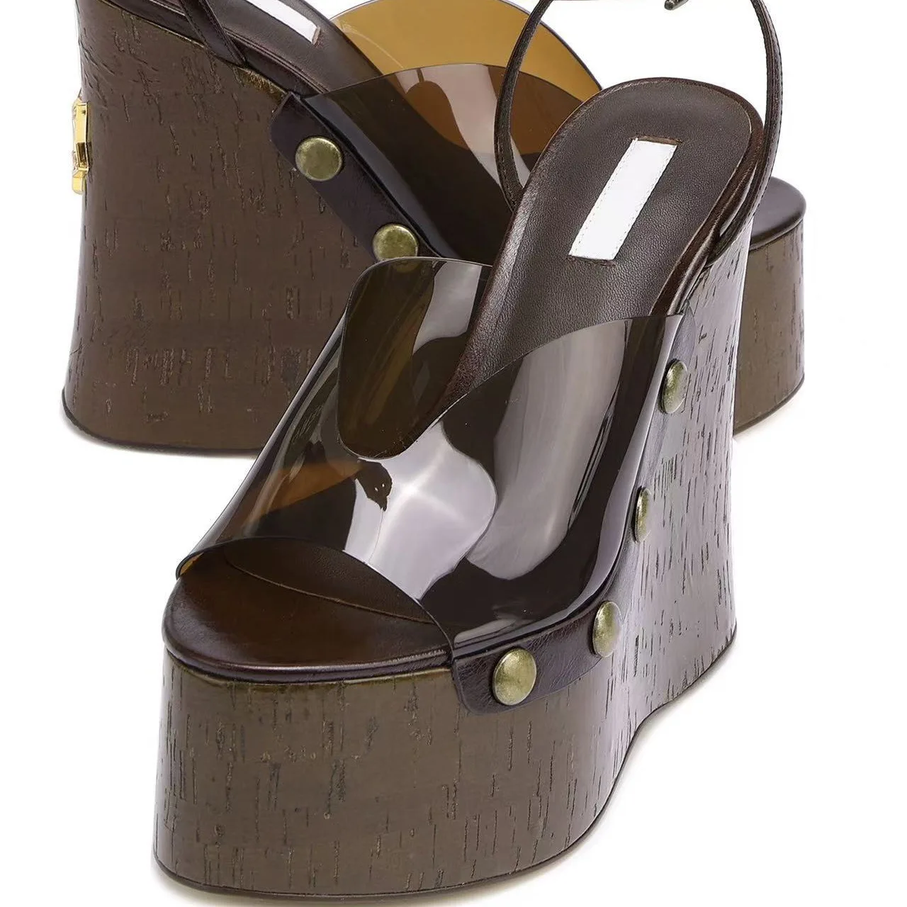 High-heeled 14 cm Thick-heeled Sandals for Women's Wear Thick-soled Wood Grain Waterproof Table Sandals Metal Nail Buckle Shoes