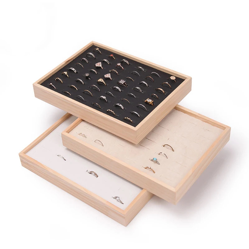 Fashion Simple 48 Slots Rings Display Tray Wooden Jewelry Storage Trays Diamond Ring Pair Ring Stud Earring Plate Showcase Props