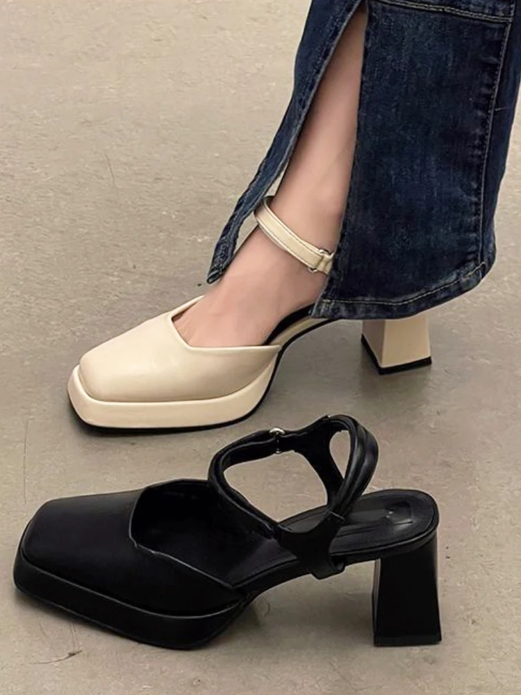 2023 Summer Non Slip Causal Square Toe Pumps Elegant Pure Color High Heels Sandals Party Hollow Slim Women Shoes Korean Fashion