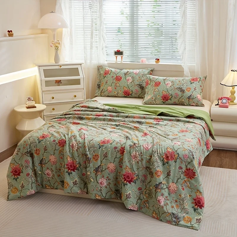 1PC Green Flowers Vines Branches Bohemian European Style Summer Cool Quilt Soft Skin-Friendly Machine Washable Double Single Siz