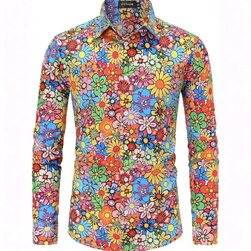 Halloween Hippie Men's 70 Generation Disco Hip Hop Button Floral Vintage Long Sleeve Shirt