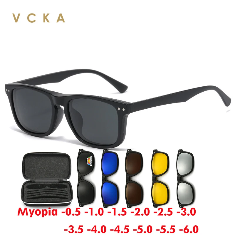 

VCKA Polarized Magnet Myopia Sunglasses Women Men Clip ReadingGlasses Square Optic Spectacle 6 In 1 Eyeglass Frames -1.0~6.0