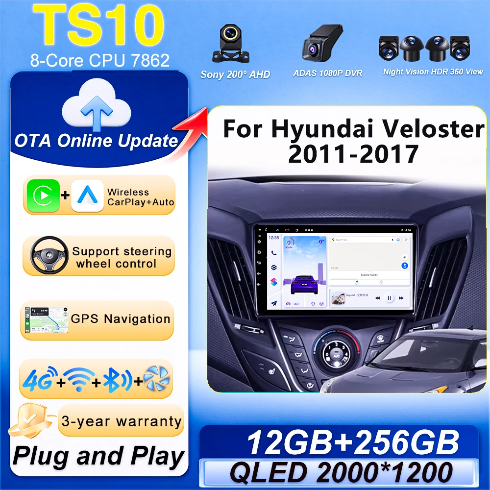 Car Radio Android CarPlay For Hyundai Veloster 2011-2017 Multimedia Player GPS TS10 CPU 5G Wifi High-performance Touch Display