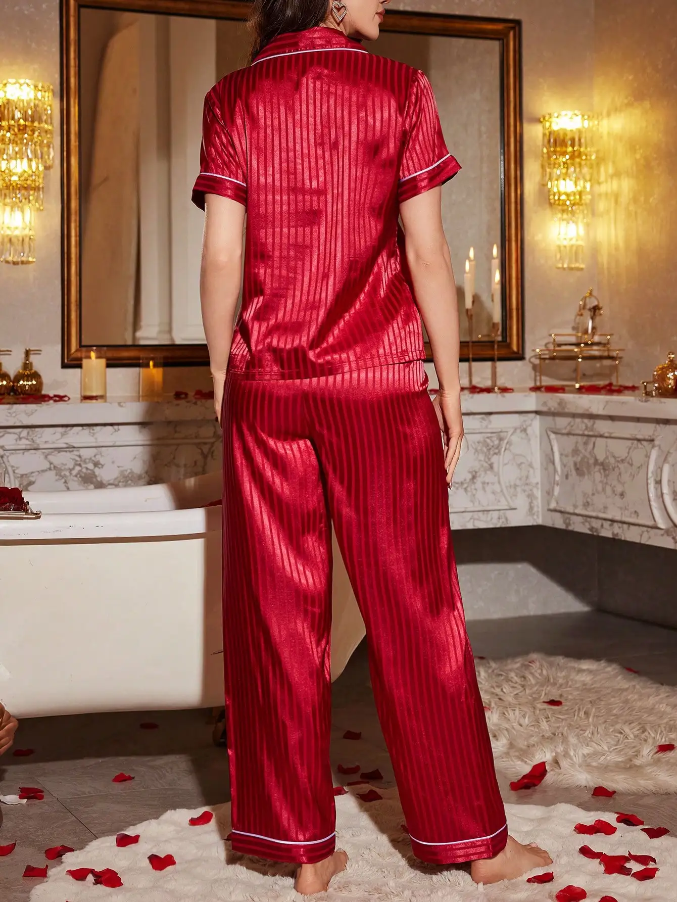 Conjunto de pijama listrado de seda de cetim feminino macio e confortável manga curta calças compridas lounge pijamas homewear pjs