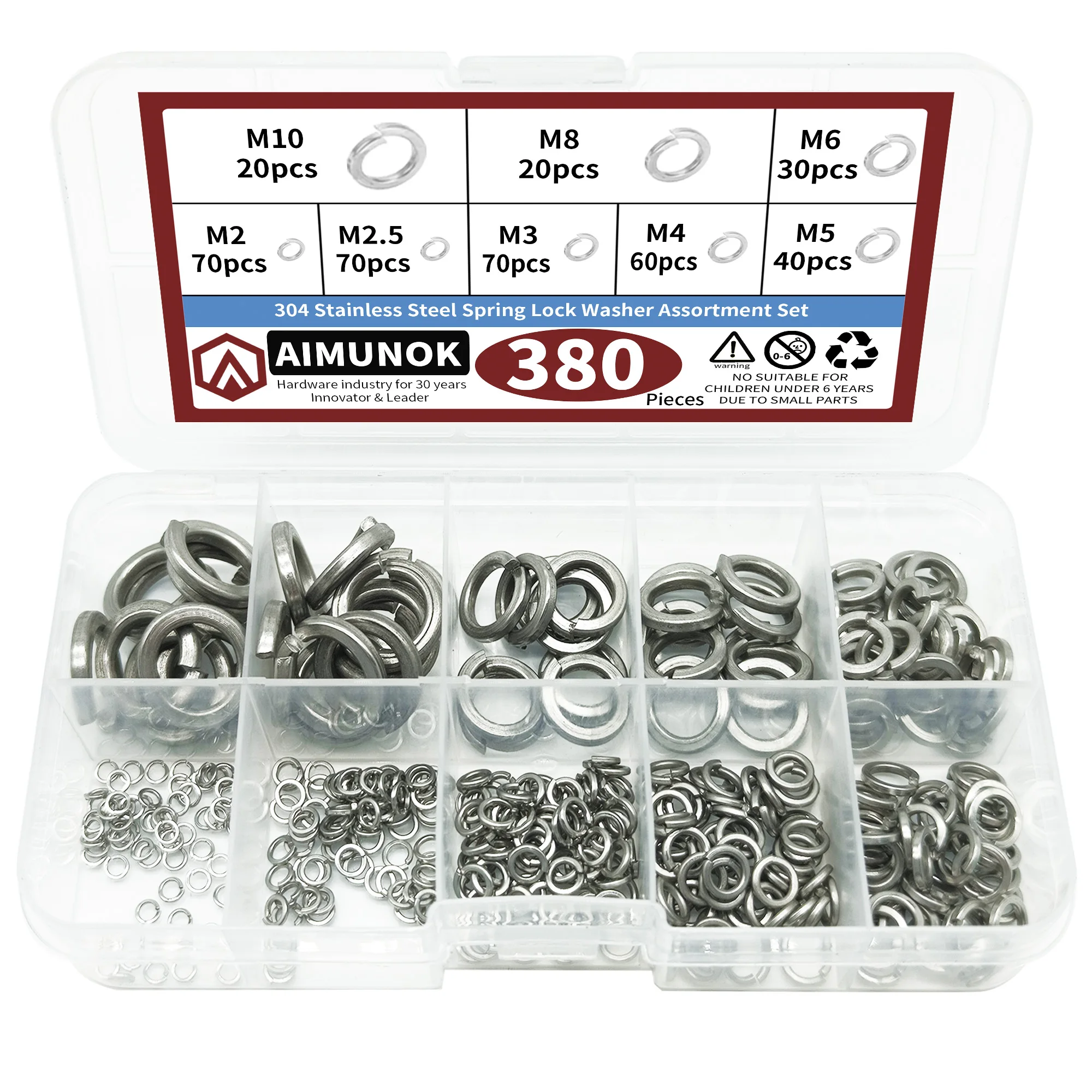 

380pcs M2 M2.5 M3 M4 M5 M6 M8 M10 304 Stainless Steel Spring Lock Washer Assortment Set