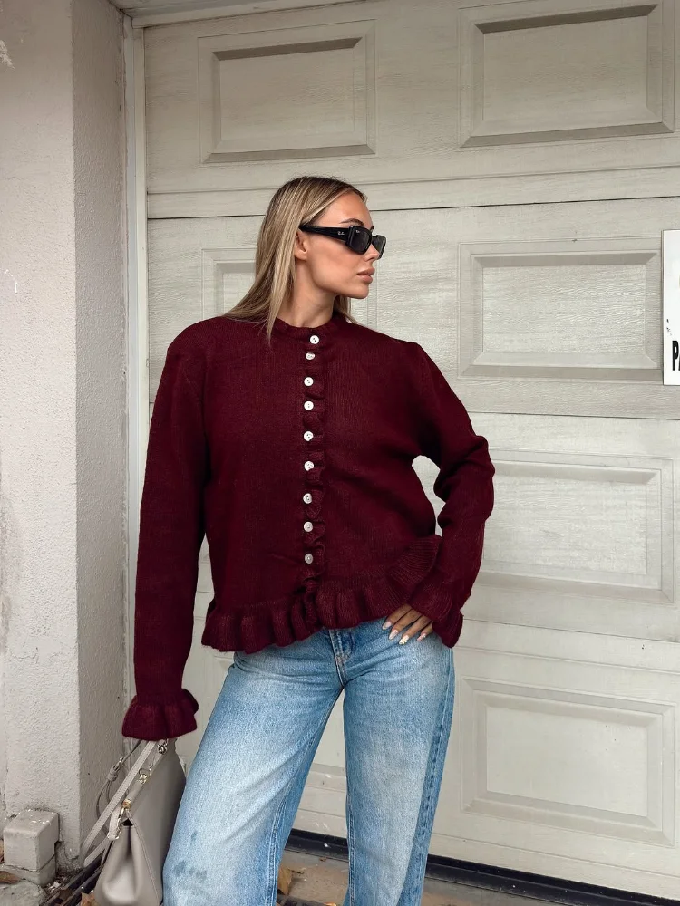

Women Solid Ruffle-trim Knit Cardigan Casual Crew Neck Long-sleeve Single-breasted Loose Sweater Lady 2025 Autumn Daily Knitwear