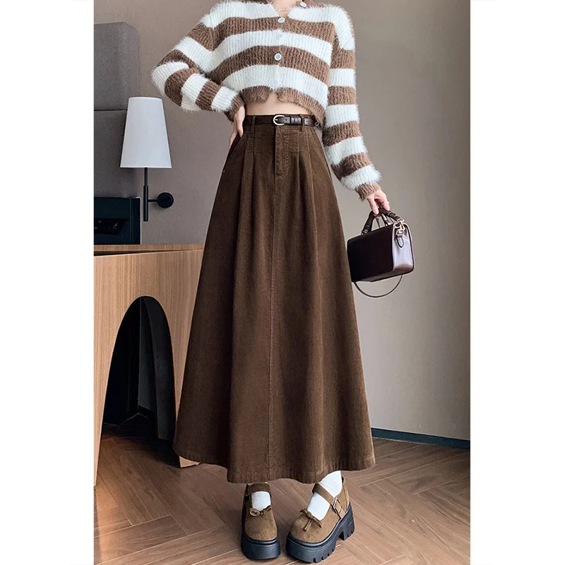 Ankela Red Korean Skirt2024Autumn and Winter New Women's High Waist Retro Slimming Leisure Corduroy Dress