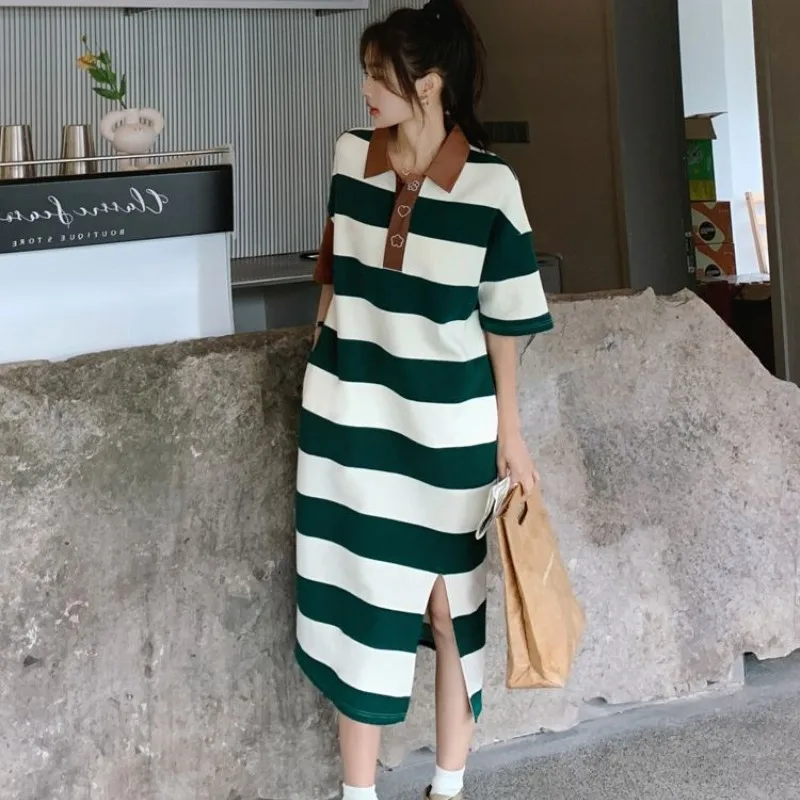 Été nouveau col à rayures pour femmes ort Sve Dr Ele Design décontracté Faion t-shirt Long Dr Maxi Dr