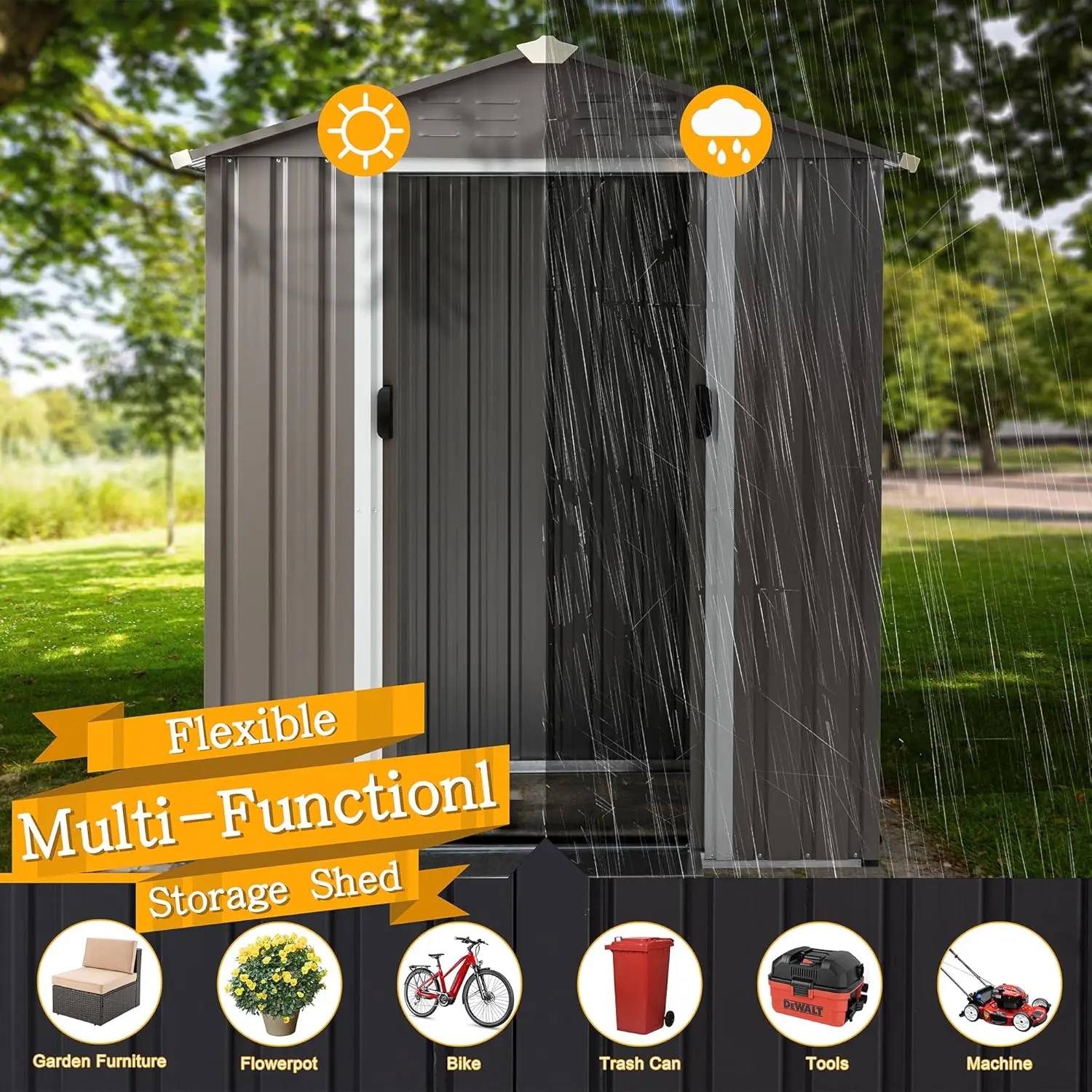 Storage Shed,Waterproof Metal Garden Sheds with Lockable Double Door,Weather Resistant Steel Tool Storage House Shed