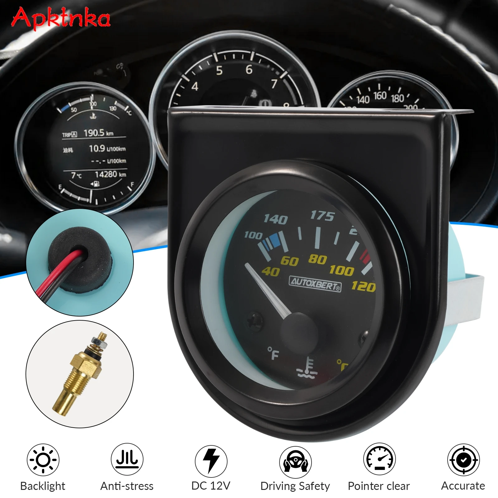Apktnka - Medidor de Temperatura del Agua LED de 2'' y 52 mm con Sensor NPT de 1/8, Escala Dual Fahrenheit/Celsius, Modificación para Carreras de Autos
