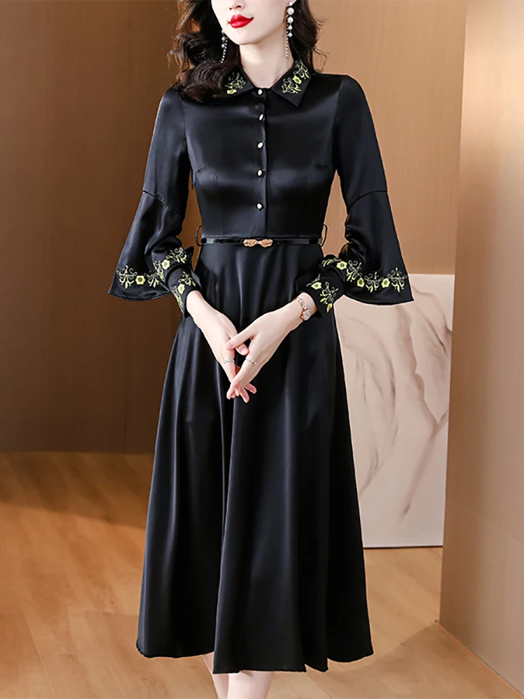 Vestido largo de satén de seda con bordado de lujo para mujer, vestido coreano Vintage Hepburn, vestido elegante de vendaje ajustado para graduación, otoño e invierno, 2024