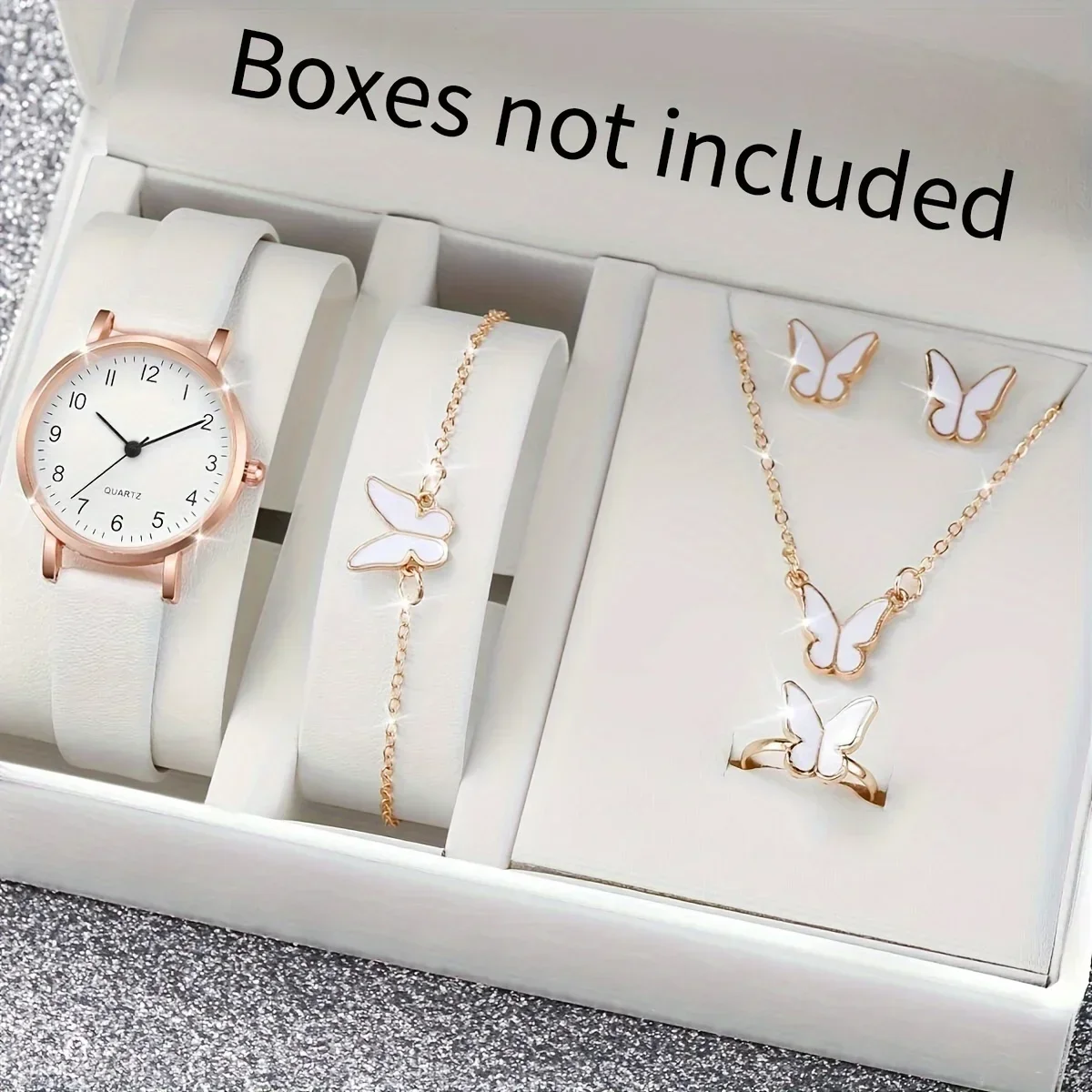 Women 5 in 1 Alloy Quartz Watch Set White Leather Band Butterfly Jewelry Bracelet Necklace Ring Earrings Reloj Mujer No Box