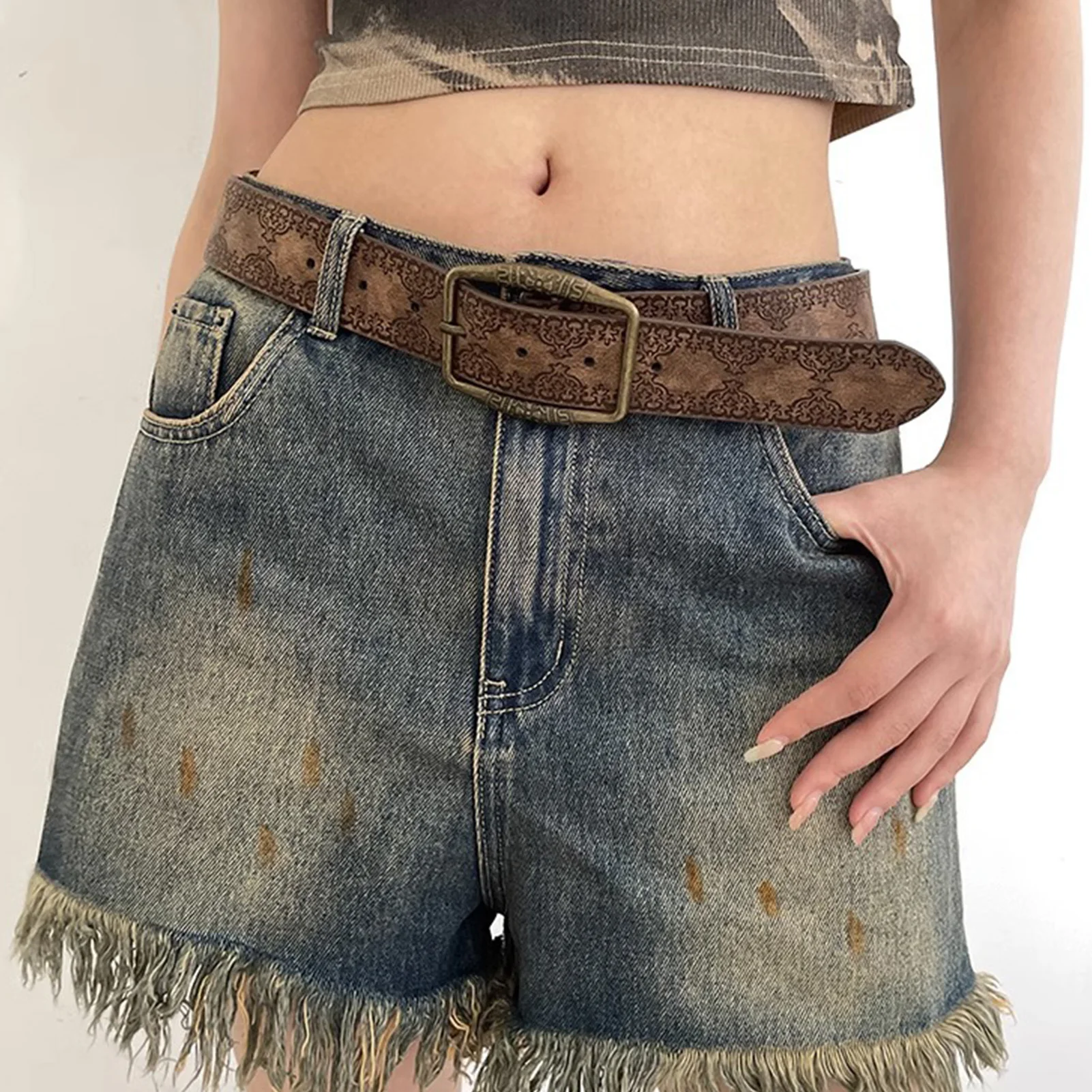 Waist Belt Leather Embossed Vintage Style for Dresses Jeans Casual Outfits Retro Boho Pattern Women's Accessory