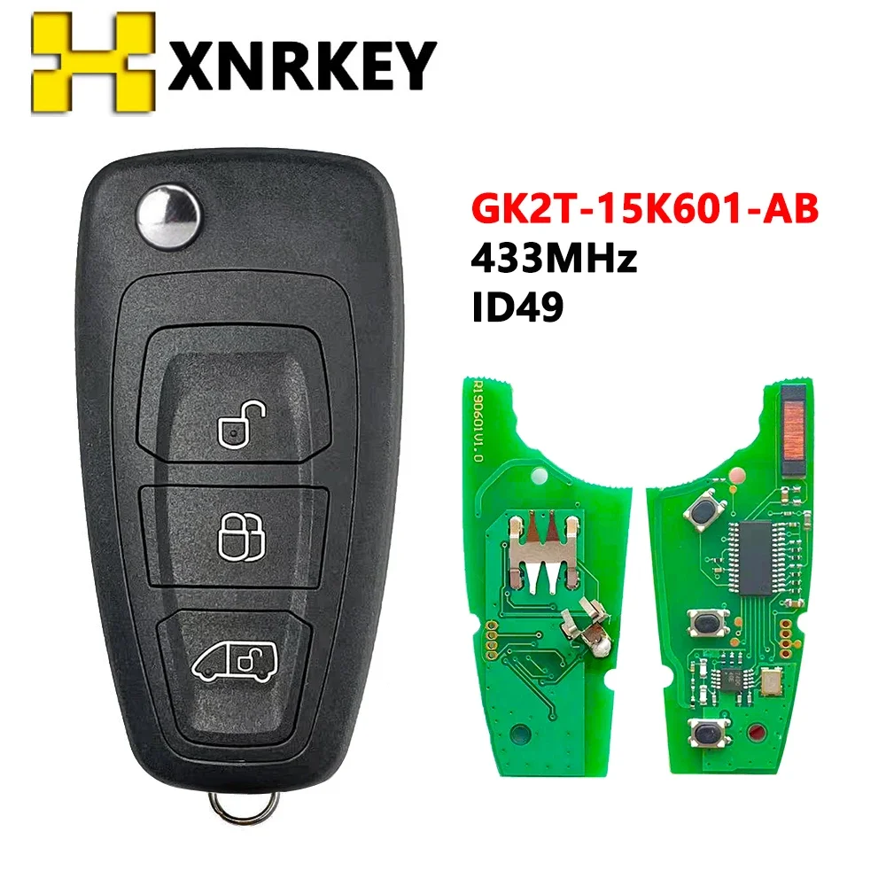 XNRKEY 3 Button Flip Remote Key for Ford Transit 433MHz ID49 Chip HITAG Pro Chip GK2T-15K601-AB with HU101 Blade  No Logo