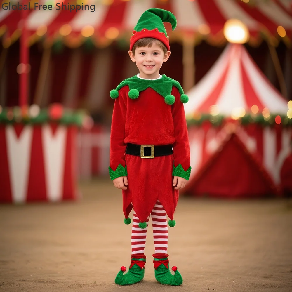 

Children's New Year Elf Costume Girls Christmas Old Man Hat Dress Up Children Fancy Dress Christmas Party Performance Dress Set