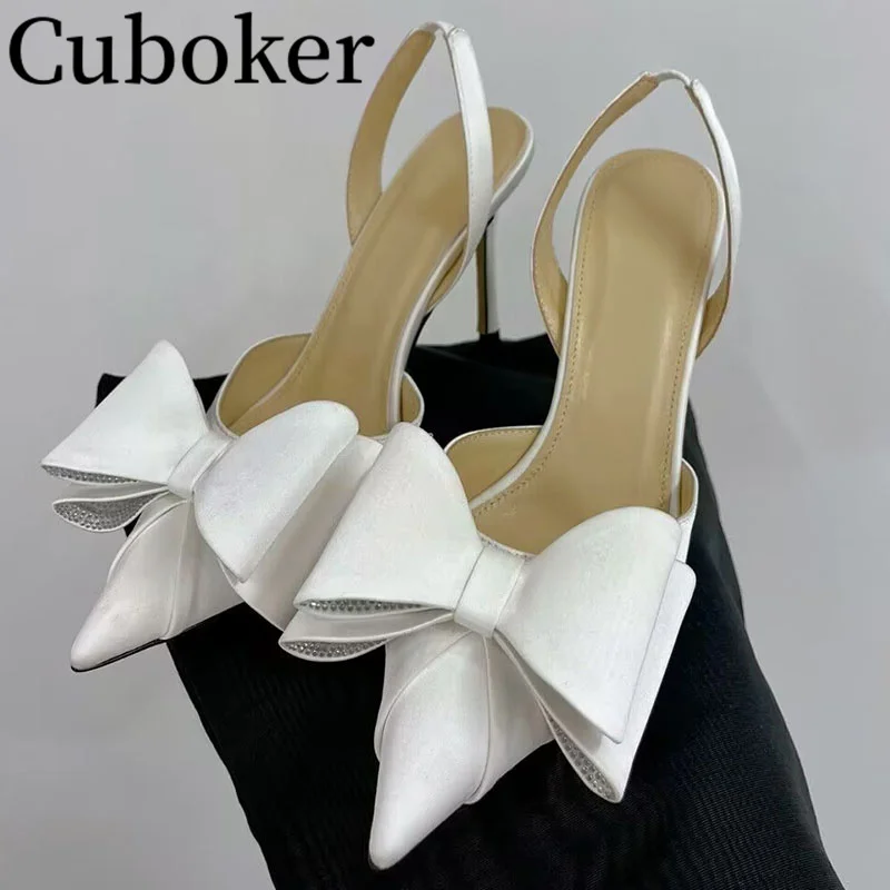 

Summer Silk Wedding shoes Bowknot Pointy Toe Sandals Runway High Heels Slingback Banquet Pumps Women Shoes Ladies Mules 2023