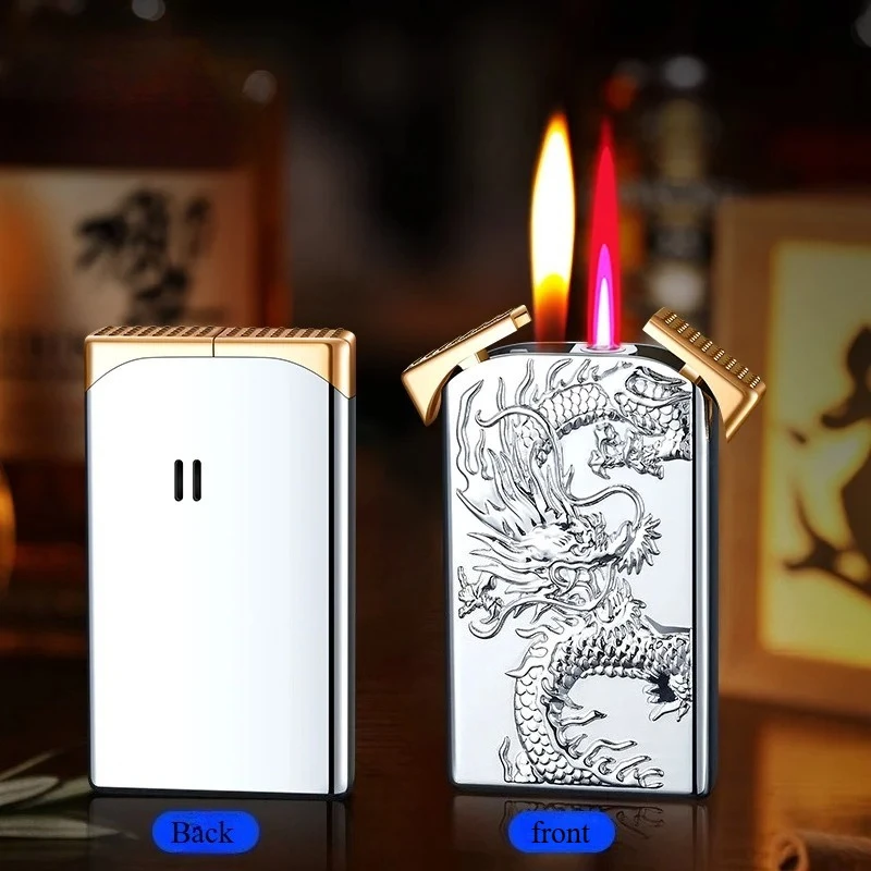 Windproof Double Flame Dragon Lighter Metal Double Flame Conversion Jet Inflatable Portable Lighter Trendy Men's Smoking Gift
