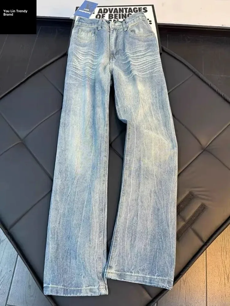 

Blue Lightning Bamboo Fiber Fce Lined Straight Leg Jeans Men's Autumn Winter Tall Extended Length American Sle Flared Pants