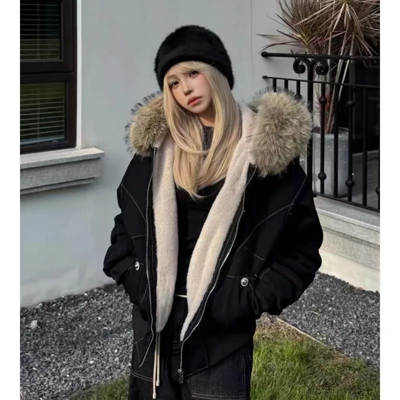 Short Cotton Jacket Women's Big Fur Collar Hooded Cotton Jacket 2025 Winter Coat Beauty Winter Coat  Womens Winter Clothing 2022