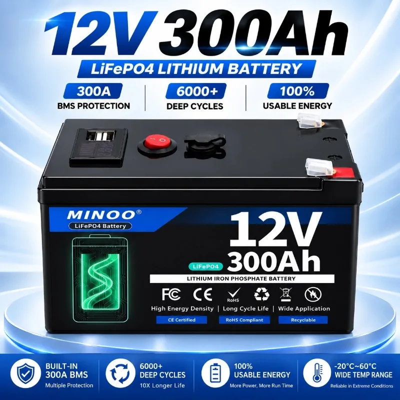 LiFePO4 12V 300AH 12V 200AH Battery Free Charger 12V Lithium Battery Built-In 300A BMS 6000+ Cycle For Solar RV Marine Energy