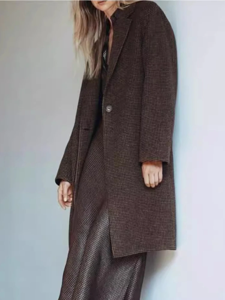 2026 Autumn/Winter New Style Women's Pea-Print Mid-Length Wool Coat - Collared Style Business-Appropriate Check Wool Jacket