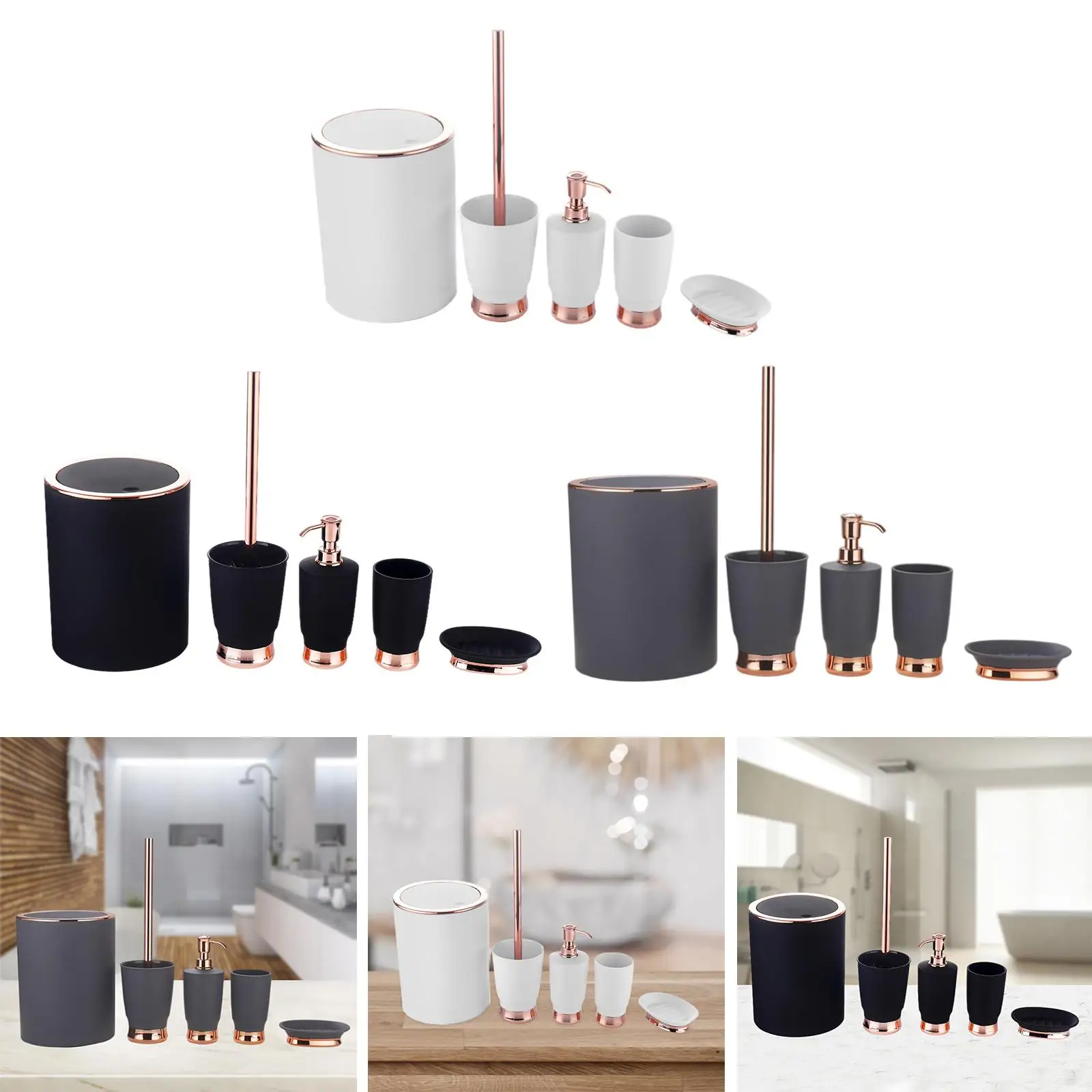 Stylish Powder Room Accessories Set 5 Piece Silicone Restroom Kit with Soap Dispenser and Trash Can for Hotel Apartment Decor