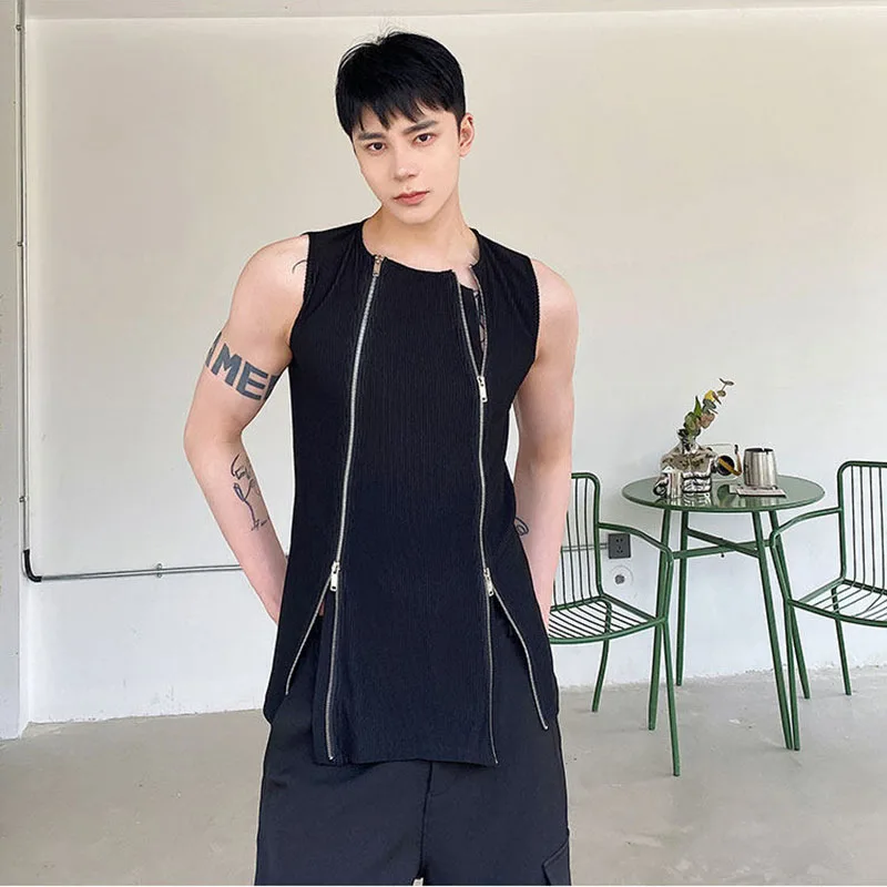 Fashion Men's Double Zipper Tank Tops Summer American Casual Trend Street Style Splicing Design Black Slim Vest