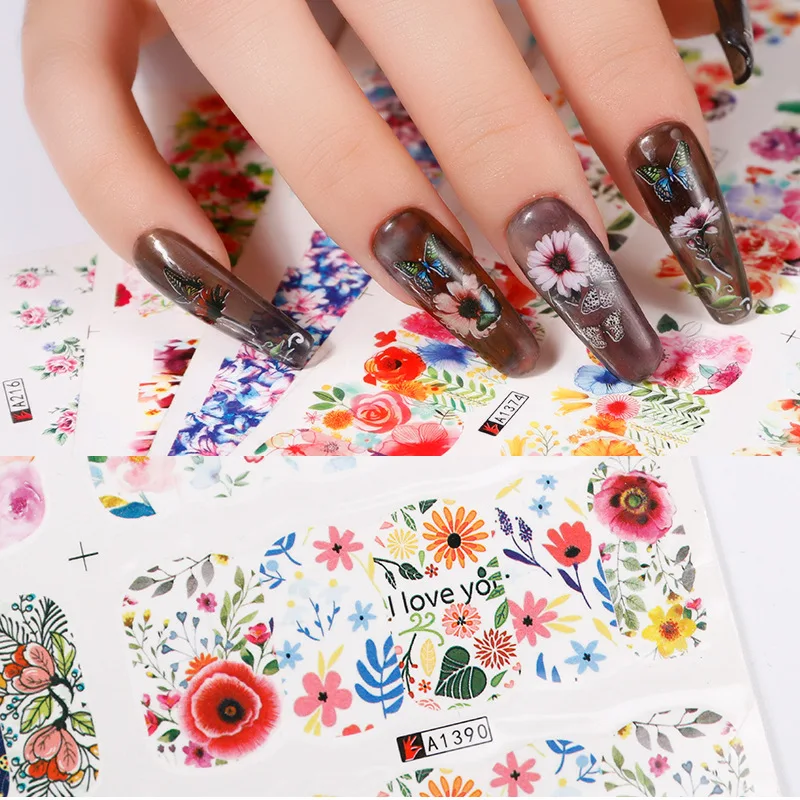 12 Designs Nail Stickers Set Mixed Floral Butterfly Nail Art Water Transfer Decals Sliders Flower Leaves Manicures Decoration