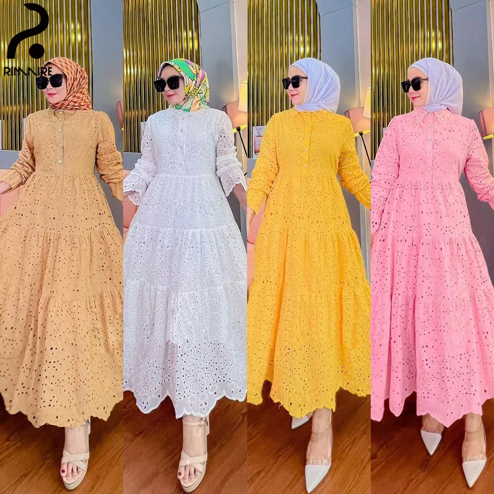 Newest Women's Lace Muslim Dresses High Quality Lapel Long Sleeves Abayas Ladies Casual Muslim Clothing Gift Wholesale RIMAIIRE