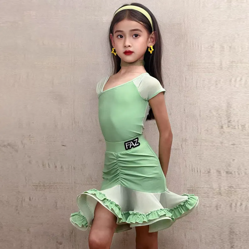 Práctica infantil, disfraz de baile latino, disfraz de práctica de alta gama para niñas, entrenamiento profesional, actuación, práctica de baile, conjunto de traje
