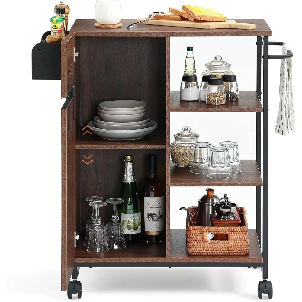 Kitchen Island with Open Shelf，Rolling Cart with Spice and Towel Rack for Small Space