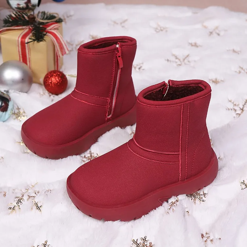 

Детские красные зимние сапоги с боковой молнией на флисовой подкладке, теплая зимняя обувь с рождественским стилем, нескользящая обувь для девочек на мягкой подошве