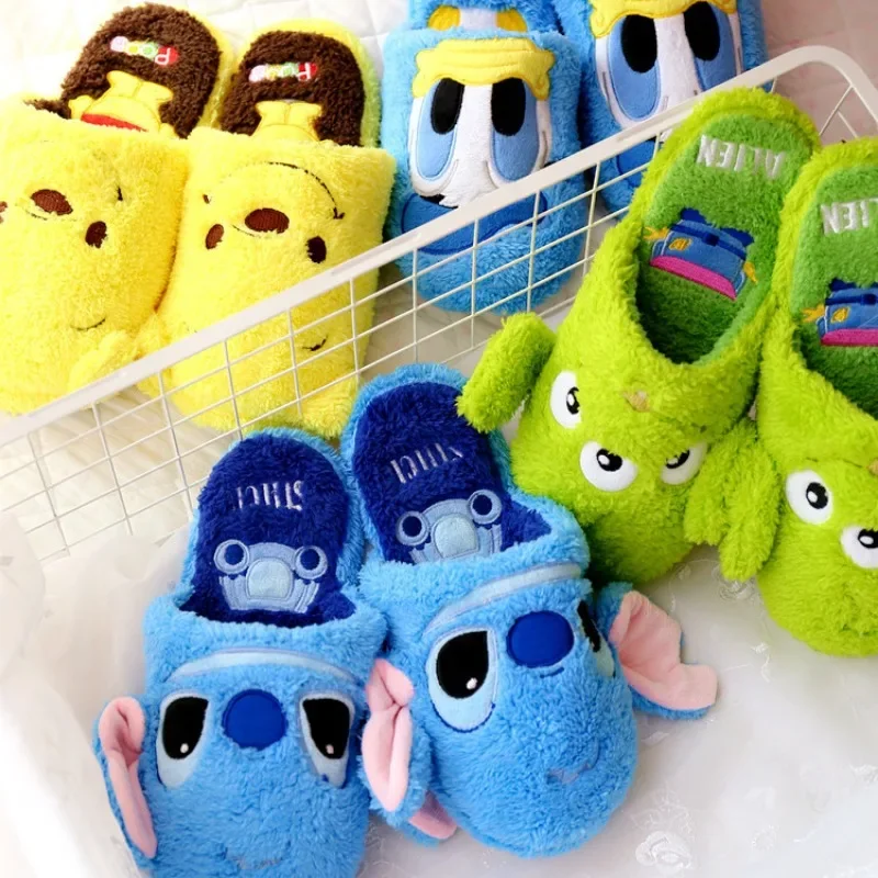 Disney Stitch Alien Donald Winter Slippers Women Shoes Cute Cartoon Home Slippers Girls Warm Plush Indoor Non-Slip Floor Slipper