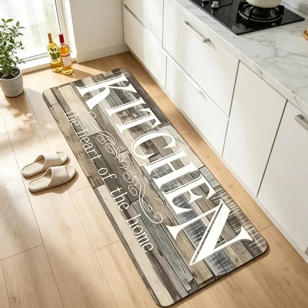 1pc Non-Slip Kitchen Mat ,Farmhouse Style Long Kitchen Runner Mat , Vintage Wood Creative Letter Pattern Kitchen Floor Rug